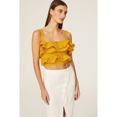 Yellow cotton (100% Cotton). Top. Square neck. Sleeveless. Back zipper closure. 16" from shoulder to hemline. Imported. Chic Sleeveless Ruffled Crop Top, Chic Cotton Ruffled Tank Top, Chic Cotton Sleeveless Crop Top, Chic Sleeveless Cotton Crop Top, Ruffle Crop Top, Rent The Runway, Closet Designs, Jason Wu, Cotton Top