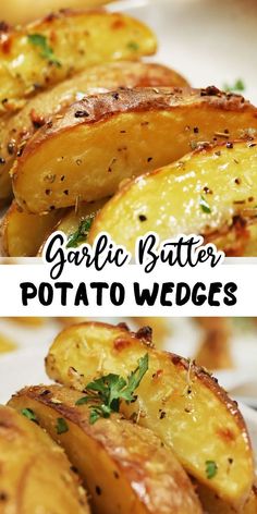 garlic butter potato wedges on a white plate