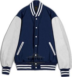 Blue Varsity Jacket With Baseball Collar, Navy Long Sleeve Outerwear With Ribbed Cuffs, Blue College Track Jacket With Pockets, Blue Long Sleeve Track Jacket For Streetwear, Blue Track Jacket With Pockets For College, Blue Long Sleeve Fleece Jacket For Streetwear, White Stand Collar Outerwear For College, Blue Cotton Outerwear With Stand Collar, Blue Varsity Outerwear For Streetwear