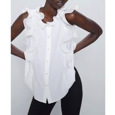 New With Tag Xs Zara Ruffle Top White, Blouse Zara, Oversized Vest, Button Blouse, Girlie Style, Blouse Sleeveless, Zara Blouse, Women Shirts Blouse, Button Shirt