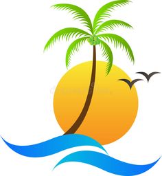 a palm tree on an island with waves and birds royalty illustration