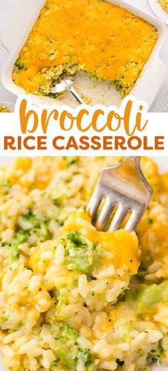 broccoli rice casserole in a white baking dish with a fork and text overlay