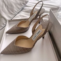 Jimmy Choo Thandi 65mm Croc-Effect Pumps Color Beige Size 6 Euro New - With Box & Dustbag Never Worn Outside (Just Tried On In Home & A Little Scuffing From Being Floor Sample) These Are So Chic And Go With Everything! Unfortunately, They Don’t Fit Great On Me. So Sad To See Them Go! Beige High Heel Slingback Pumps With Branded Insole, Luxury Beige Pointed Toe Heels, Luxury Beige High Heel Slingback Pumps, Beige Ankle Strap Heels With Branded Insole, Jimmy Choo Shoes, Home A, Beige Color, Jimmy Choo, Dust Bag