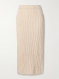 CO's midi skirt is part of a set with an equally soft ribbed sweater. Knitted from a wool-blend with touches of cashmere, it has a figure-skimming fit and comfortable, elasticated waistband. The versatile ecru shade means it will pair equally well with tops already in your wardrobe, too. Cabin Chic, Classic Skirts, Knit Midi Skirt, Luxury Clothes, Virtual Wardrobe, Satin Midi Skirt, Fantasy Gowns, Midi Skirt Pencil, Modest Clothing