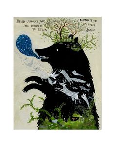 a painting of a black bear with trees on its head and people in the background