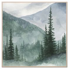 a painting of some trees in the mountains