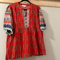 This Loose-Fitted Blouse Is Perfect For Spring And Summer!!! It Has A Super Cute Fun Pattern. It Has Never Been Worn Before, And The Tags Are Still On It! Red Tunic Tops For Spring, Casual Red V-neck Peasant Top, Red Summer Tunic Top, Red Tunic Blouse For Summer, Vacation Red Short Sleeve Blouse, Red Short Sleeve Blouse For Vacation, Red Printed Short Sleeve Blouse, Casual Multicolor Short Sleeve Peasant Top, Casual Red Cotton Peasant Top