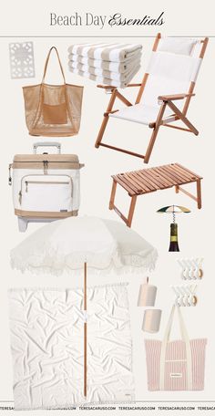 the beach day essentials are all in white and beige, including an umbrella, chair,