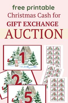 the christmas cash for gift exchange auction is shown in red and white with three pictures