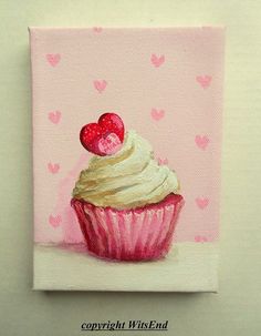 a painting of a cupcake with two hearts on it's top and pink background