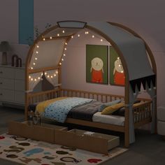 a child's bedroom with a bed, dresser and night stand