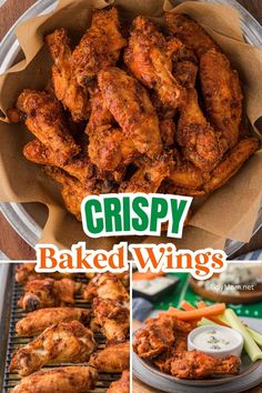 crispy baked wings with carrots and celery on the side, in a basket