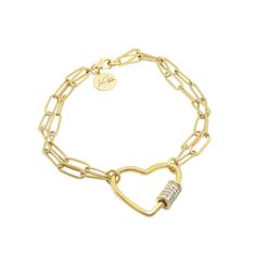 Crystal Love Lock Charm Bracelet LaCkore Couture Gold Promise Bracelet For Valentine's Day, Adjustable Gold Paperclip Bracelet For Friendship, Gold Promise Bracelets With Heart Charm, Heart Charm Bangle Bracelet For Everyday Wear, Everyday Heart Charm Bangle Bracelet, Gold Heart Bracelets For Friendship, Everyday Bangle Bracelet With Heart Charm, Gold Heart-shaped Friendship Bracelets, Heart-shaped Gold Bracelets For Friendship