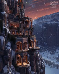 a castle in the middle of a snowy mountain