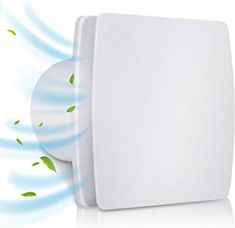 a white wall mounted exhaust fan with green leaves on it