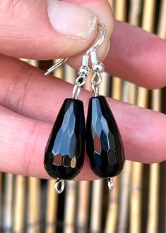 "Natural black onyx gemstones, faceted teardrop shaped, stone size: 20x20mm, drop earrings in 925 sterling silver. Total drop length: 1.75\" x 0.40\" wide. Stone weight: 3 grams each(6 grams both or 30 carats)." Black Teardrop-shaped Jewelry With Faceted Beads, Black Teardrop Jewelry With Faceted Beads, Black Faceted Bead Earrings For Gift, Black Teardrop Gemstone Earrings, Black Faceted Beads Earrings For Gift, Black Faceted Teardrop Jewelry, Photo Frame Ornaments, Black Onyx Earrings, Lapis Lazuli Earrings