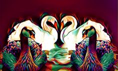 two colorfully painted swans sitting next to each other in front of a red background