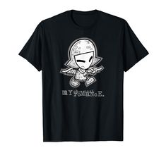 a black t - shirt with an image of a cartoon character wearing a helmet and holding a