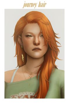 an orange haired woman with long hair and earrings