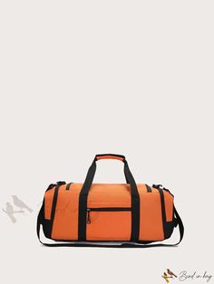 an orange duffel bag sitting on top of a white floor next to a bird