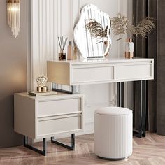 a white dressing table with mirror and stool