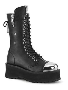 GRAVEDIGGER-14 - Men's Platform Boots w/Chrome Toe Cap Demonia Gravedigger, Goth Platform Boots, Goth Platforms, Black Mid Calf Boots, Platform Shoes Boots, Demonia Boots, Hoco Ideas, Gothic Men, Demonia Shoes