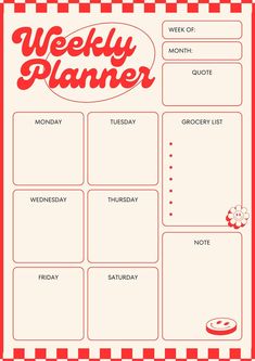 a printable weekly planner with red and white checkered paper on the bottom,