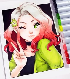 a drawing of a girl with red hair and green eyes holding up the peace sign