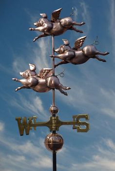 a weather vane with three flying pigs on it's sides and the words w is written below