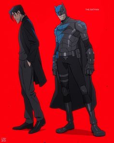 batman and catwoman standing next to each other in front of a red background,