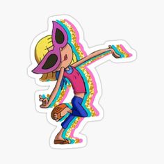 a sticker with a cartoon character holding a baseball glove and ball in her hand