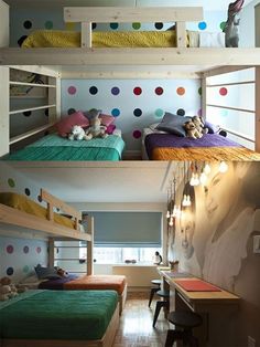 two bunk beds in a room with polka dot wallpaper