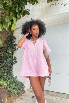 Summer romper outfit, pink romper, short sleeve romper, casual summer romper, cute summer romper, cute summer outfit, cute casual outfit Summer V-neck Jumpsuit For Daywear, Trendy Relaxed Fit Jumpsuits And Rompers With Short Sleeve, Summer Daywear Jumpsuits And Rompers With Short Sleeves, Summer Daywear Short Sleeve Jumpsuits And Rompers, Summer V-neck Jumpsuits And Rompers With Buttons, Summer Short Sleeve Jumpsuits And Rompers For Daywear, Summer Button-up Jumpsuit For Day Out, Trendy Short Sleeve Jumpsuits And Rompers With Buttons, Summer Vacation Button-up Jumpsuits And Rompers