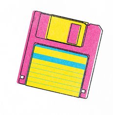 a drawing of a pink and yellow floppy disk with writing paper on the side, against a white background