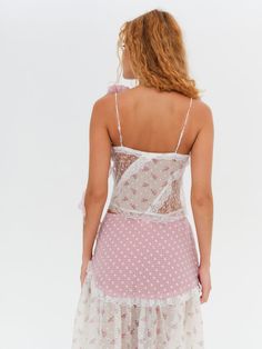 Francine Top — Pink | For Love & Lemons Contrast Lace Tops For Summer Parties, Fitted Lace Trim Top For Garden Party, Lace Patchwork Tops, Pink Ruffled Tops For Garden Party, Pink Ruffle Top For Garden Party, Summer Lace Patchwork Tops, Summer Lace Top With Patchwork, Pink Lace Tops With Spaghetti Straps, Pink Lace Top With Spaghetti Straps