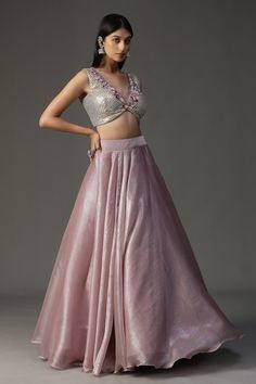 Lilac sleeveless blouse with sequin, thread, cutdana, floral applique embroidery. Paired with skirt and mirror border embroidered dupatta. - Aza Fashions V Neck Work Blouse, Intricate Mirror, Sequined Blouse, Kurta Lehenga, Blouse Lehenga, Lehenga Pattern, Organza Embroidery, Organza Lehenga, Organza Skirt