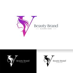 a woman's face with the word beauty brand in purple and black colors on it