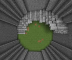 the inside of a minecraft building with grass in the middle and small animals on the ground