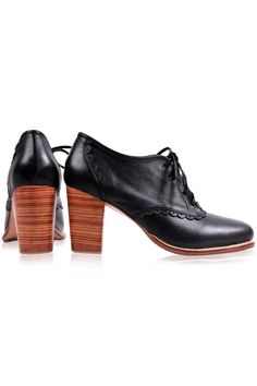 These beautiful vintage-style oxford heels feature lacy hand-cut details, rounded toes, leather shoestrings, and hand-cut wooden heels. Wear them with a dress or your favorite jeans. 100% genuine leather Leather lining and insole Slightly padded footbed 7.5 cm (3 in) hand-cut wooden heel Rubber sole Oxfords Women, Oxford Booties, Lace Oxfords, Oxford Shoes Brown, Oxford Pumps, Black Leather Oxfords, Classy Shoes, Leather Colors, Oxford Heels