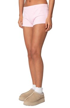 Move in comfort whether you're lounging at home or running weekend errands in these soft ribbed shorts cut from a stretchy cotton blend. Elastic waist 95% cotton, 5% spandex Machine wash, dry flat Imported Casual Pink Lounging Bottoms, Casual Pink Bottoms For Lounging, Pink Cotton Pajama Shorts For Lounging, Basic Loungewear Shorts, Stretch Cotton Ribbed Shorts, Pink Lounging Shorts For Spring, Pink Shorts For Spring Lounging, Comfortable Pink Cotton Bottoms, Comfortable Cotton Pink Bottoms