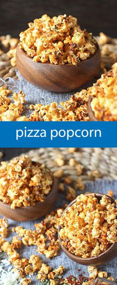 two wooden bowls filled with pizza popcorn on top of a table