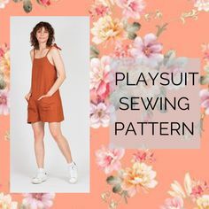 a woman in an orange dress and white tennis shoes with the words playsuit sewing pattern