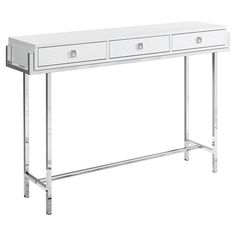 a white console table with two drawers on one side and three drawers on the other