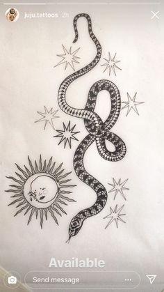 a drawing of a snake with sun and stars on it