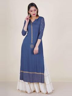 Golden Khadi Printed Kurti - | 499 Girls Frock Design, Frock Design, Ethnic Wear, Salwar Suits, Indian Wear