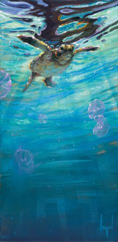 a painting of a turtle swimming in the ocean