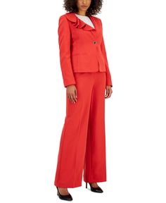 in stock Wide Leg Pant Suit, Plus Size Belts, Pant Suits, Professional Wardrobe, Womens Capris, Ruffled Collar, Pant Suit, Button Jacket, Red Pants