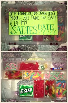 two plastic containers filled with candy and candies next to a sign that says, i'm hooked on asking you so take the bat & be my sadie date?