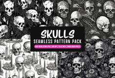 skulls seamless pattern pack in black and white