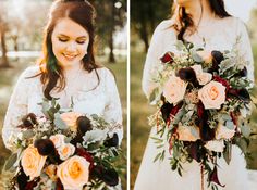 the bride is holding her bouquet and smiling